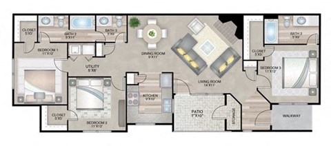 Floor plan for 3 beds, 2.5 baths, 1284 sqft